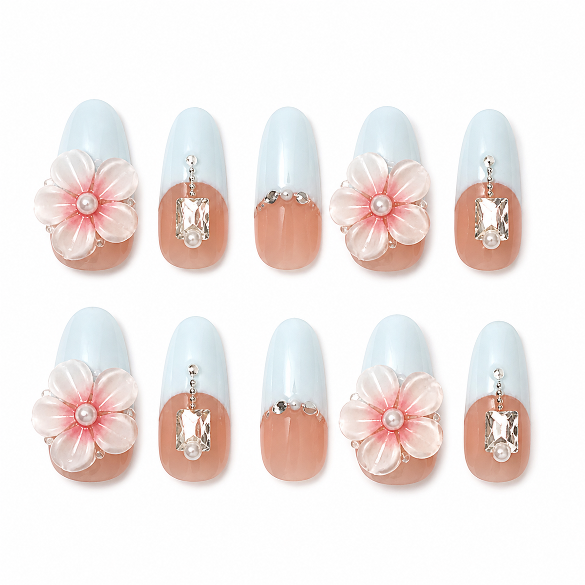 Bluebell Romance handmade press-on nails with pale blue French tips, pink flowers, pearls and crystals