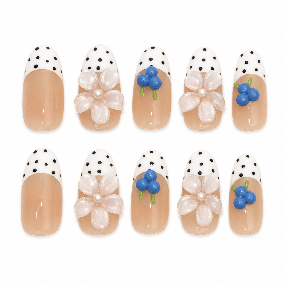 Blueberry Picnic handmade press-on nails with polka-dot French tips, white flowers and blue berry charms