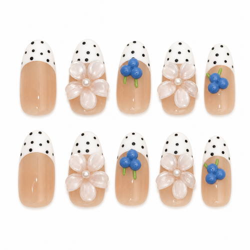 Blueberry Picnic handmade press-on nails with polka-dot French tips, white flowers and blue berry charms