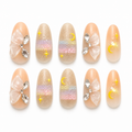 Celestial Bow handmade press-on nails with crystal bows, pastel beading, stars and moons