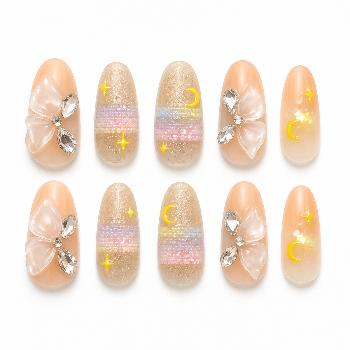 Celestial Bow handmade press-on nails with crystal bows, pastel beading, stars and moons
