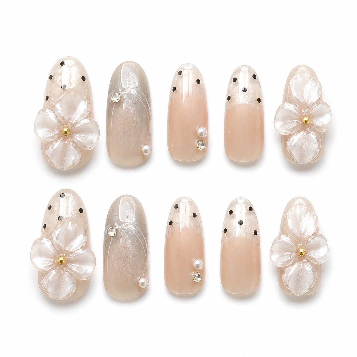 Gilded Petal handmade press-on nails with clear flowers, gold centres, pearls and black dot accents