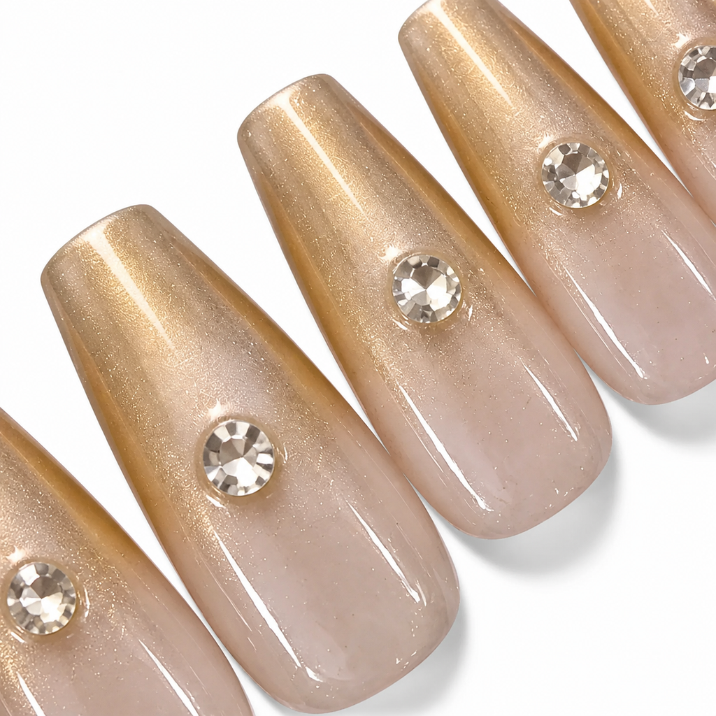 Close-up of Golden Hour handmade press-on nails