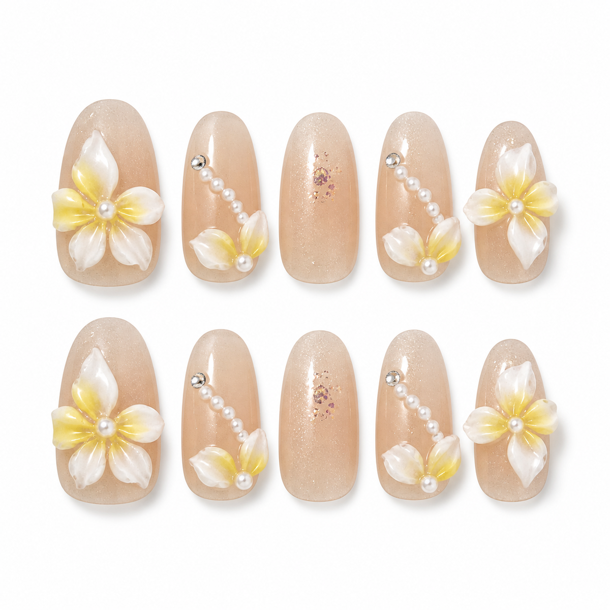 Lemon Blossom handmade press-on nails with yellow flowers, pearls and nude shimmer