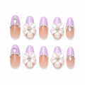Lilac Pearl Bloom handmade press-on nails with lavender tips, crystal flowers, pearls and rhinestones