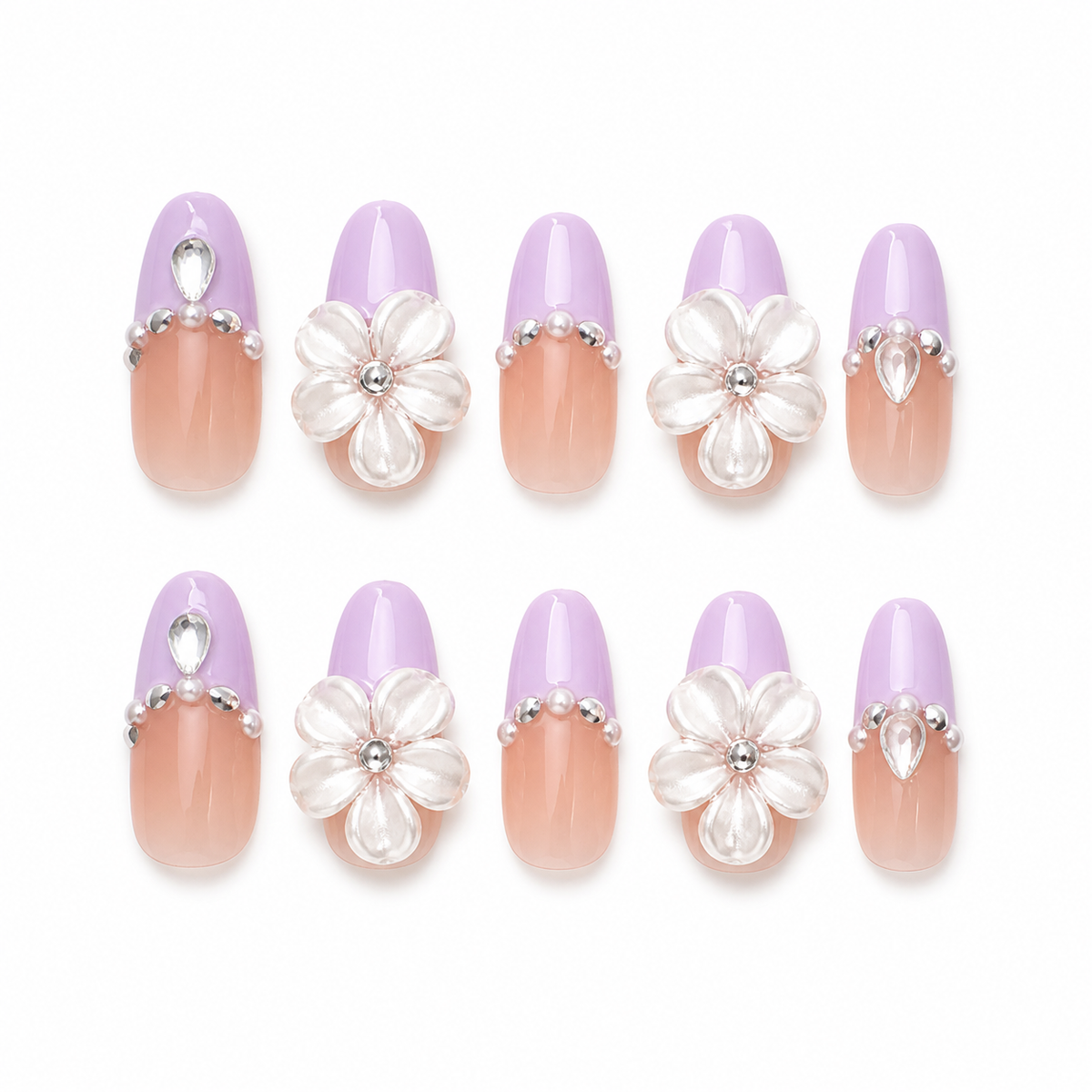 Lilac Pearl Bloom handmade press-on nails with lavender tips, crystal flowers, pearls and rhinestones