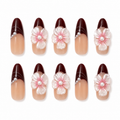 Merlot Blossom handmade press-on nails with burgundy French tips, blush 3D flowers and pearls