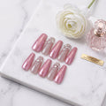 Pink Champagne handmade press-on nails with metallic pink, silver glitter and crystal accents
