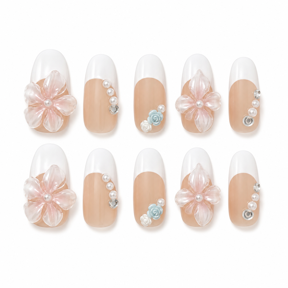 Porcelain Garden handmade press-on nails with white French tips, blush flowers, pearls and blue roses