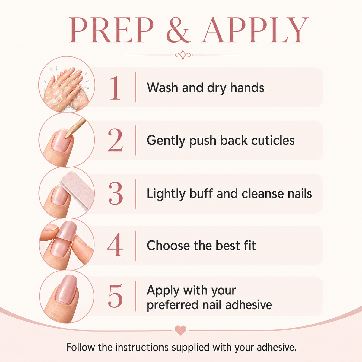 Press-on nail preparation and application guide for Golden Hour Handmade Press On Nails